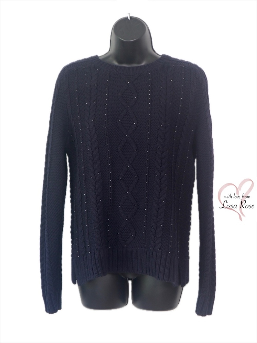 Beaded Cable Sweater, Navy, Metallic Embellishment, and Spilt Sides (Loft)